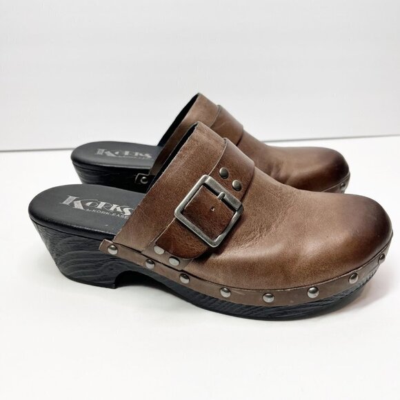 Korks by Kork ease Brown Leather Clog Mules Studded Slip On Shoes studded Size 8 - Picture 2 of 12